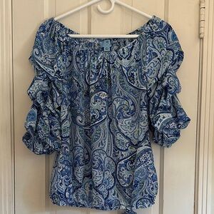 CeCe Blue Paisley Ruffle Sleeve Blouse